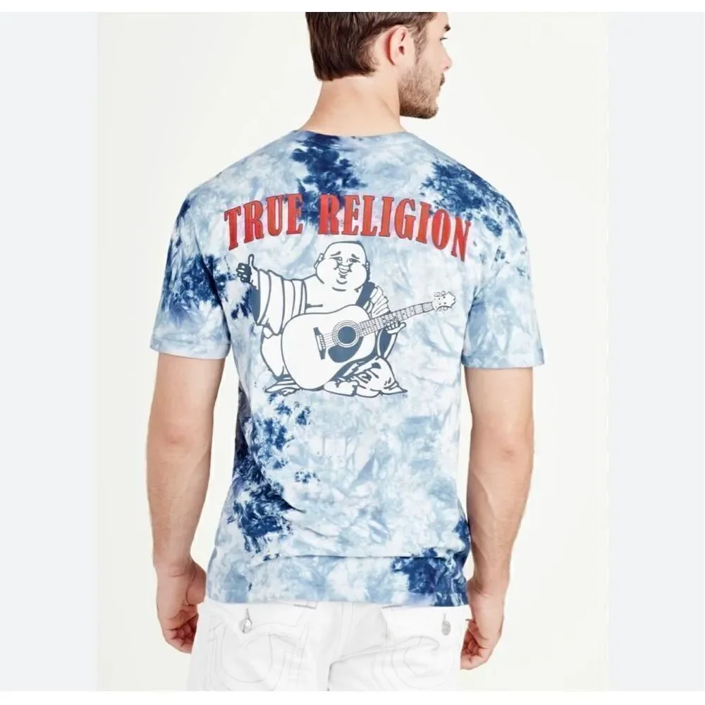 True Religion Men’s Ocean Waves Blue Tie Dye Buddha Tee Shirt Horseshoe Small
